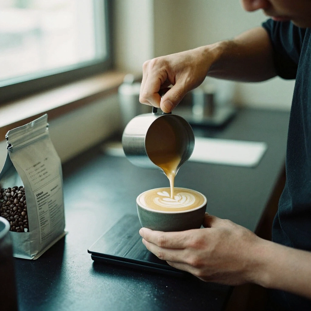 Barista gießt Latte Art in eine Steingutttasse auf dunklem Tresen