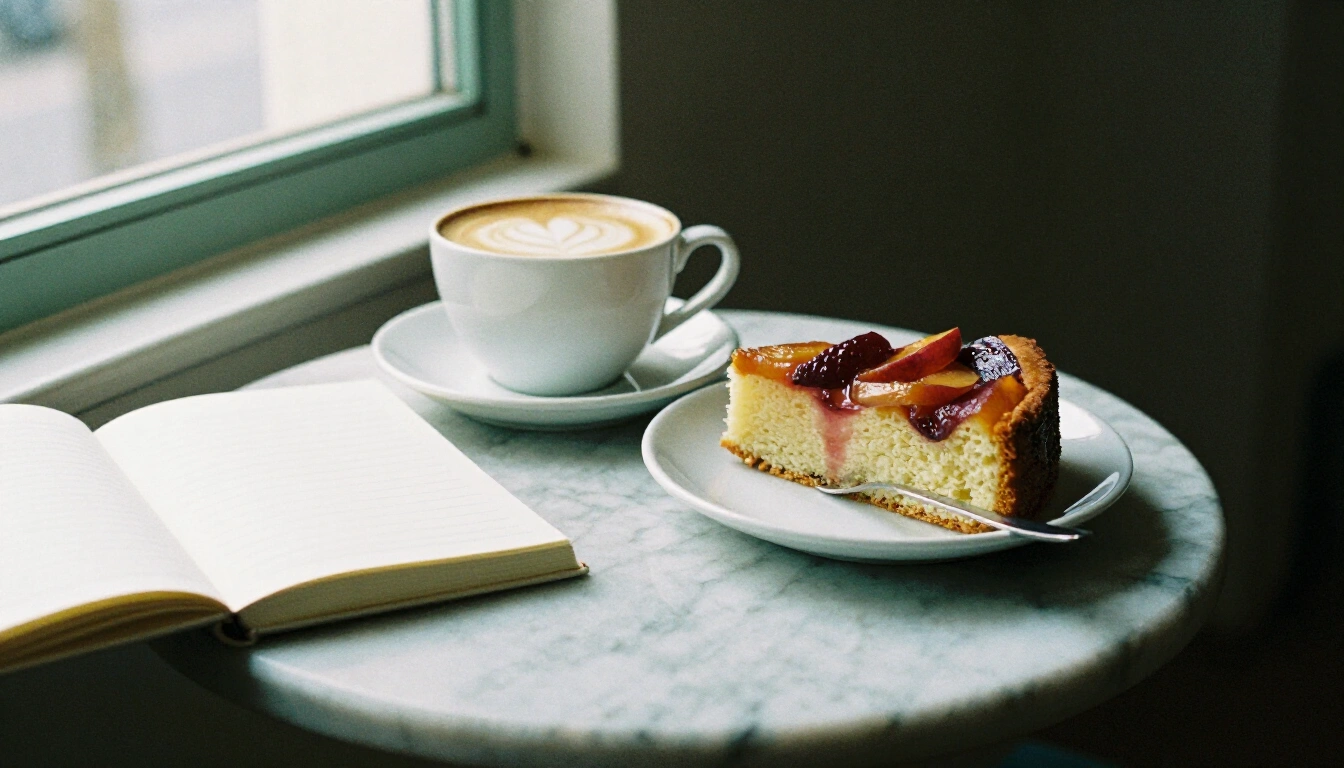 Cappuccino und ein Stück Pflaumenkuchen auf einem kleinen Marmortisch