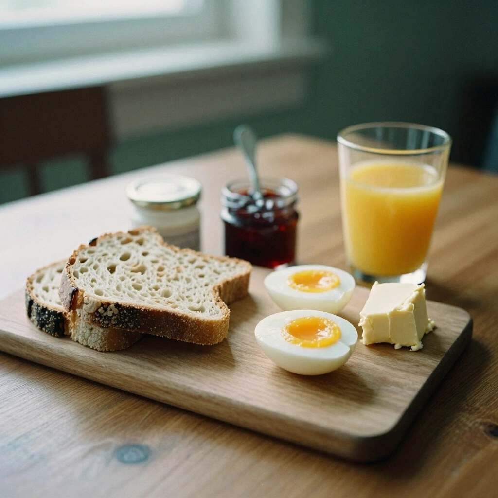 Frühstücksbrett mit Sauerteigbrot, weichem Ei, Butter und Marmelade