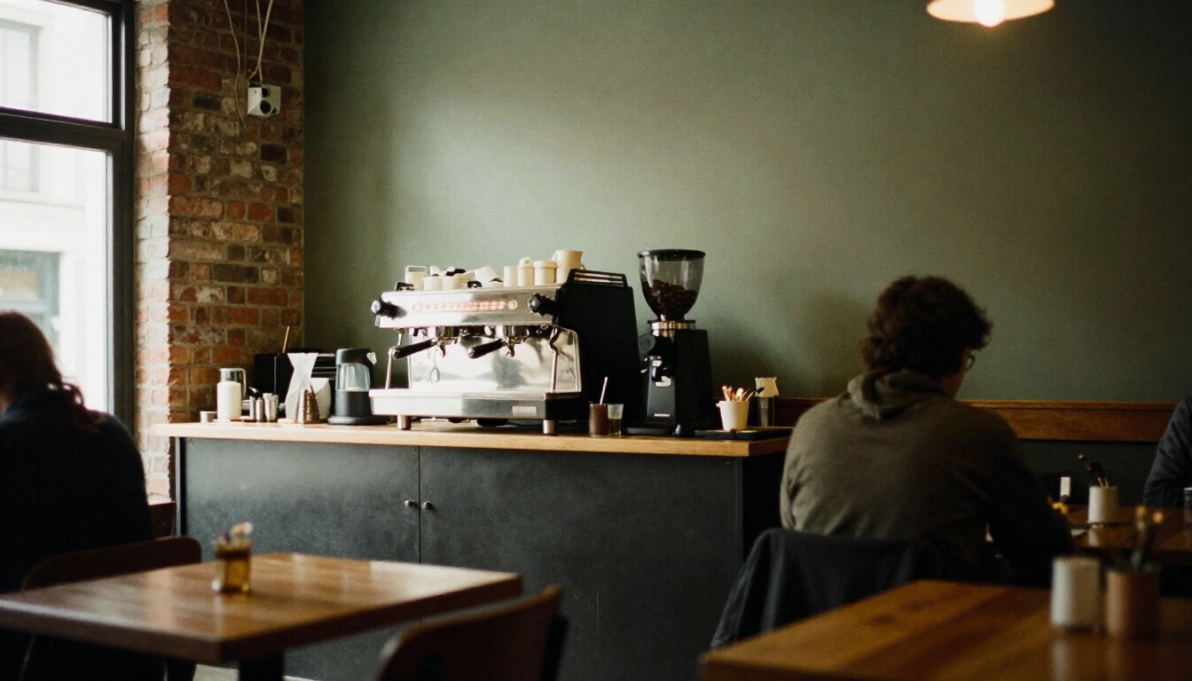 Gastraum des oktoberr in Bochum mit Espressomaschine auf dunklem Tresen
