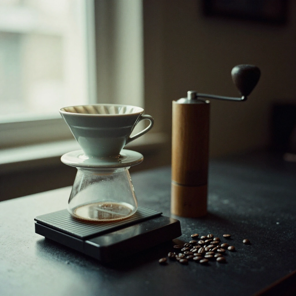 Handmühle, Keramikfilter und Waage auf einem dunklen Tresen mit Kaffeebohnen