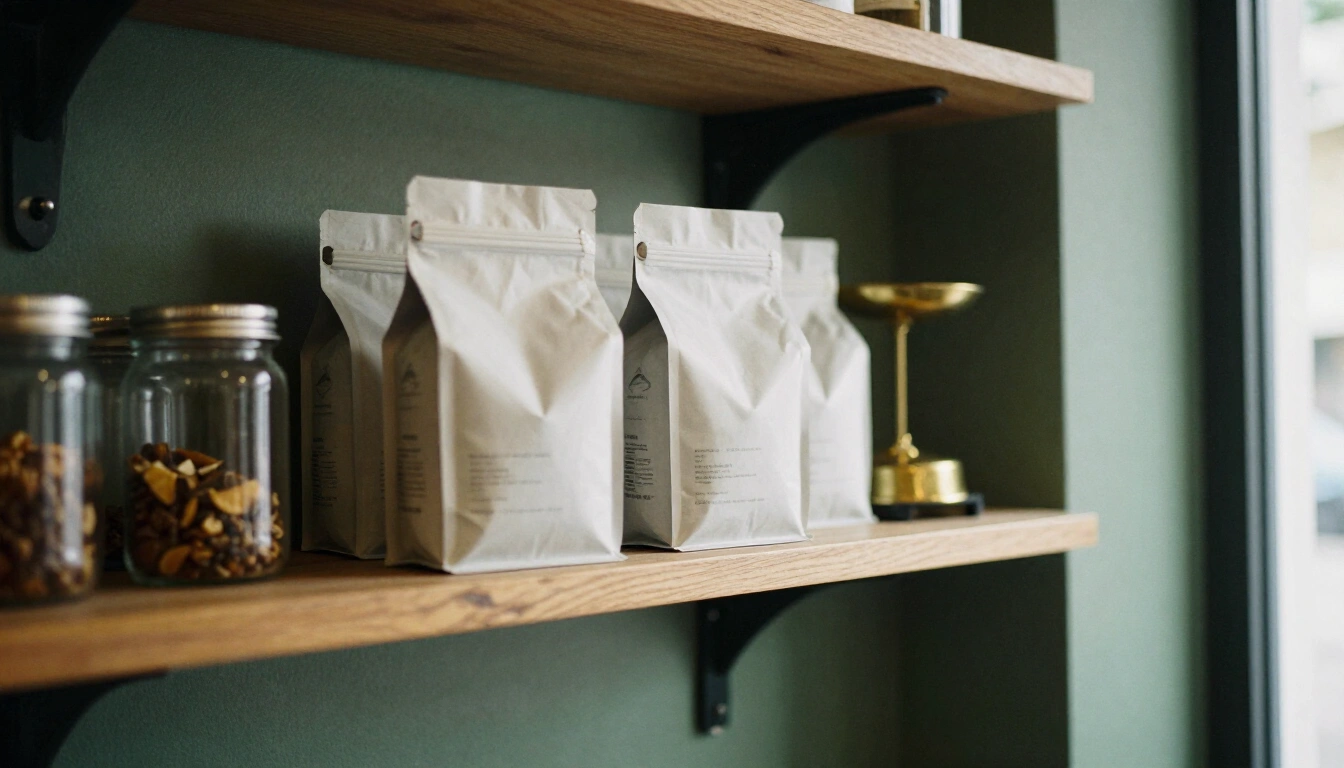 Holzregal mit Kaffeetüten, Vorratsgläsern und einer kleinen Messingwaage