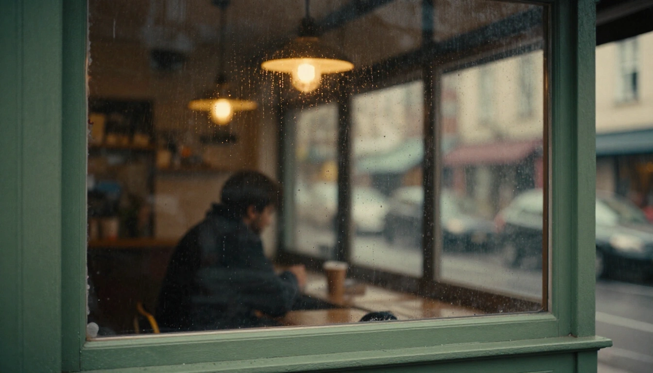 Regen am Fenster des Cafés mit warm beleuchtetem Innenraum