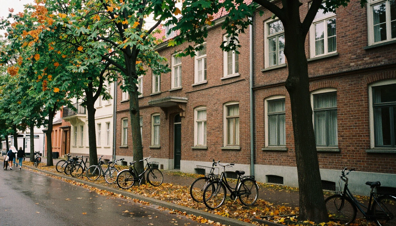 Ruhige Bochumer Seitenstraße mit Backsteinhäusern und Kastanien im Herbst