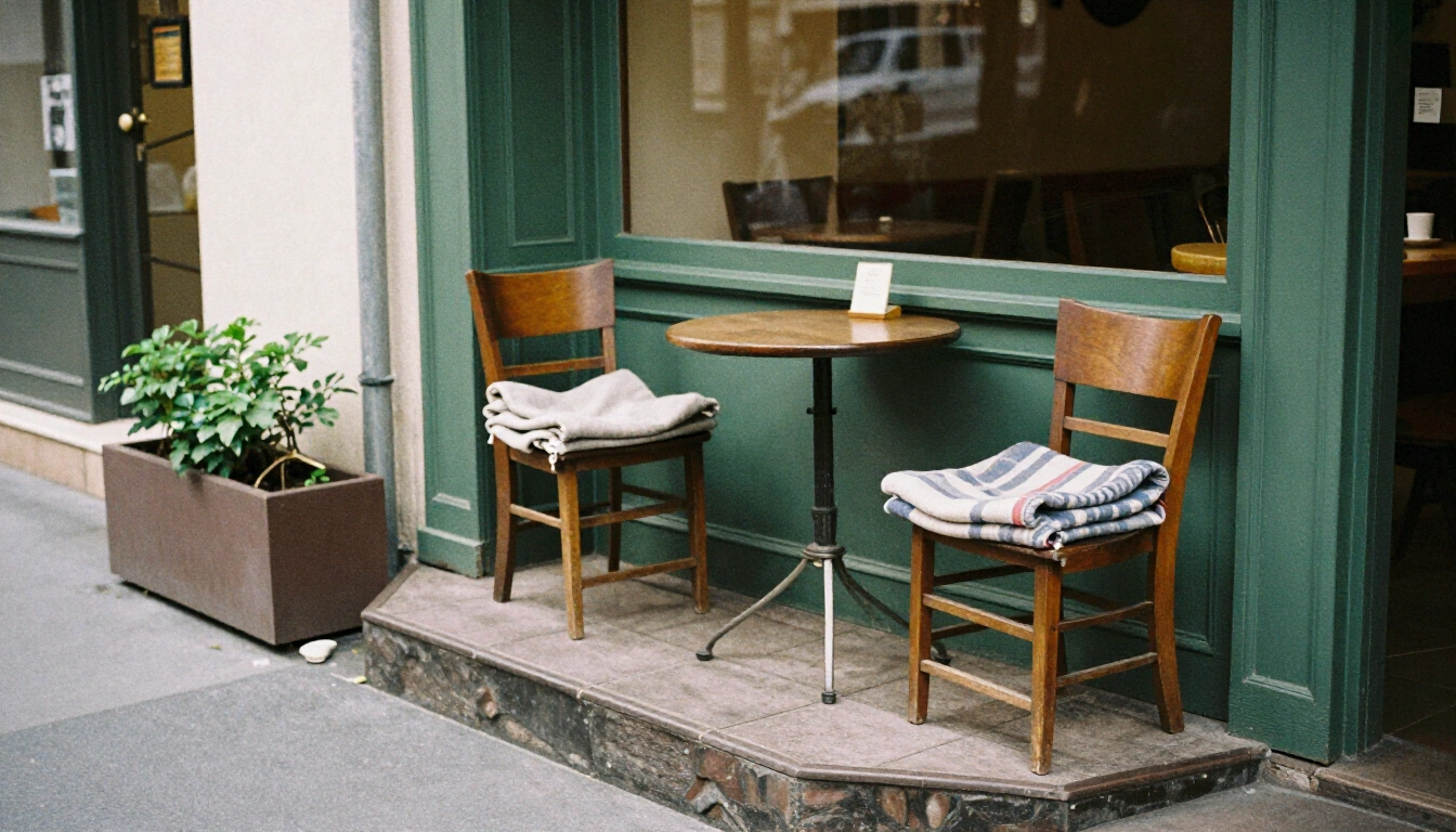 Terrasse vor dem oktoberr mit Holzstühlen und Decken auf einer ruhigen Straße